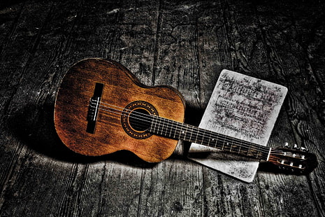 braune akustische Gitarre, Noten, Musik, Gitarre, HD-Hintergrundbild HD wallpaper