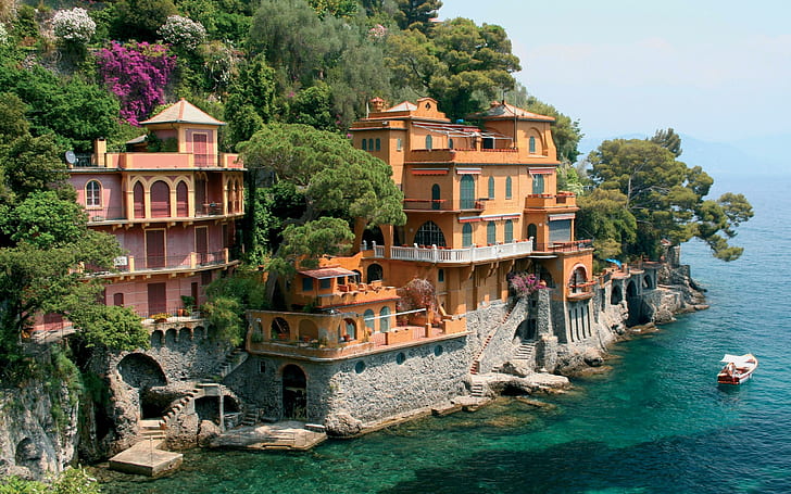 Along The Bay, view, lovely, portofino, beautiful, buildings, rocks, water, architecture, italy, trees, HD wallpaper