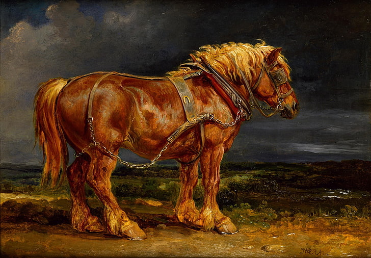 коричневая лошадь живопись, живопись, лошадь, каштан, упряжь, облака, HD обои