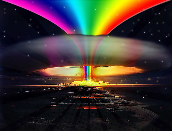 rainbow explosion digital art, nuclear, rainbows, colorful, explosion, abstract, HD wallpaper