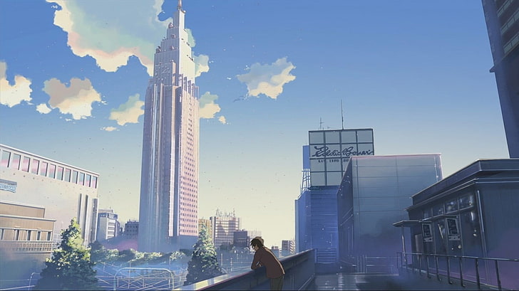 อะนิเมะ, เมือง, เมฆ, ตึกระฟ้า, 5 เซนติเมตรต่อวินาที, Makoto Shinkai, วอลล์เปเปอร์ HD
