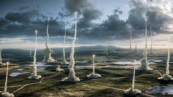 иллюстрация запуска ракет, люди Икс: апокалипсис, пейзаж, ракета, HD обои HD wallpaper