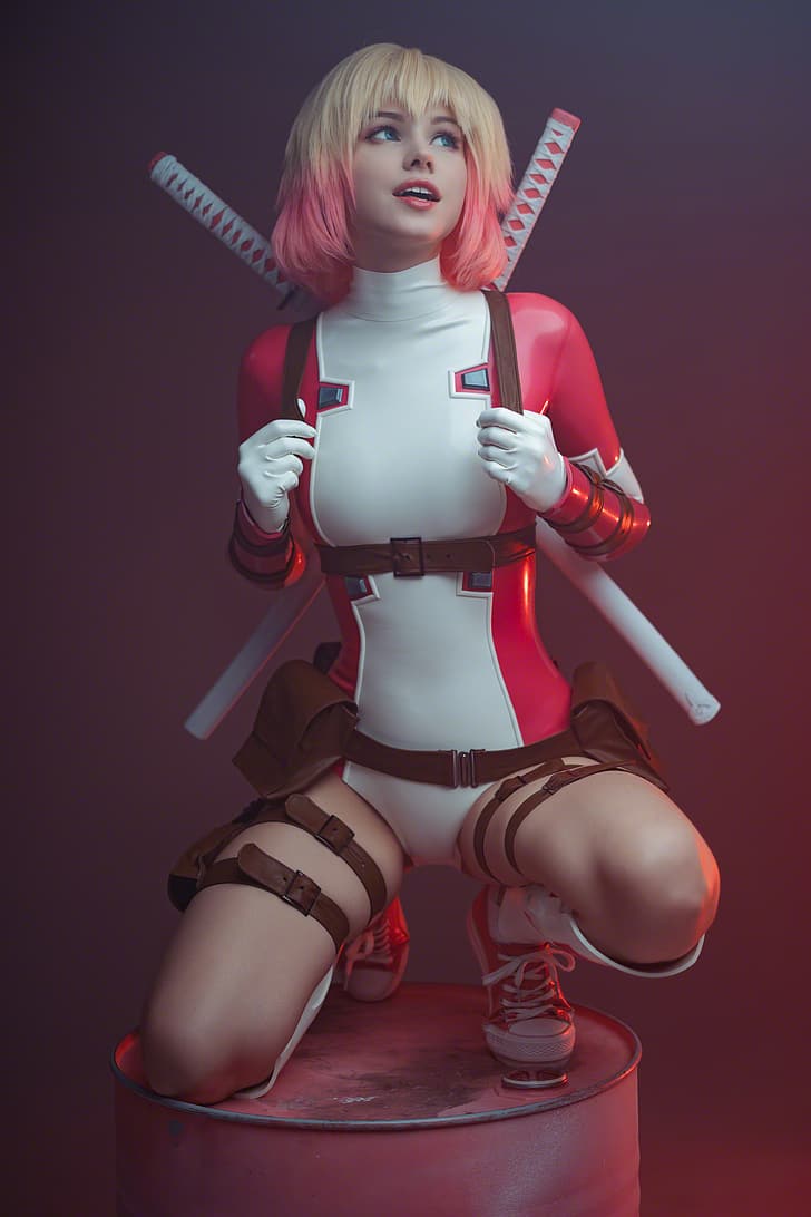 women, model, indoors, women indoors, cosplay, Shirogane Sama, multicolored hair, Gwenpool, weapon, thighs, legs, open mouth, squatting, looking away, HD wallpaper