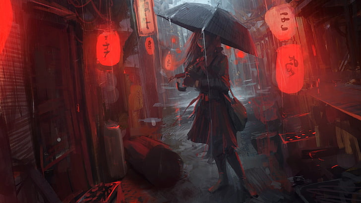 ilustracja kobieta trzymająca parasol, kobieta trzymająca parasol, Oldboy, język japoński, sztuka cyfrowa, grafika, kobiety, parasol, anime dziewczyny, latarnia, anime, deszcz, pejzaż miejski, postacie fikcyjne, Tapety HD