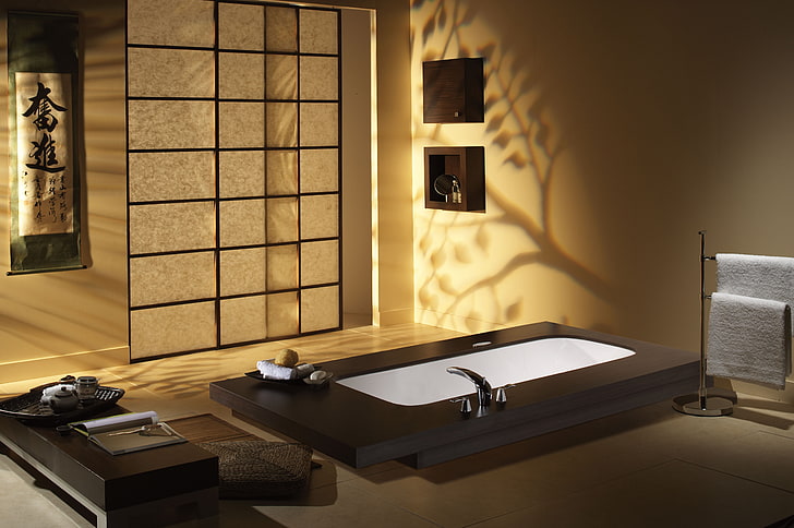 brown and white bath tub, style, Wallpaper, interior, minimalism, bathroom, Japanese, HD wallpaper