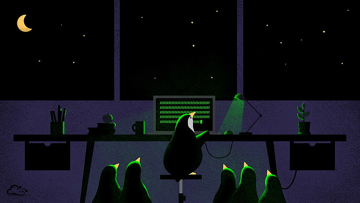 pingüinos cerca de la ilustración de escritorio negro, digitalocean, pingüinos, noche, computadora, ilustraciones, Linux, Tux, Fondo de pantalla HD