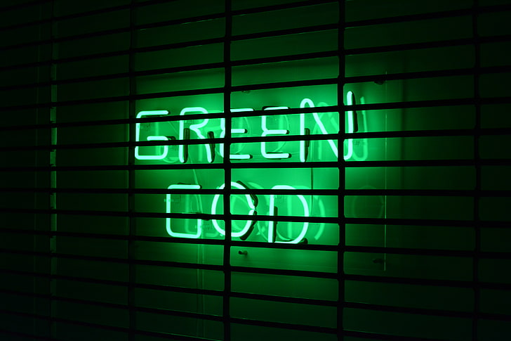 зелено зелено Бог неонови надписи, надпис, неон, зелено, решетка, стена, HD тапет