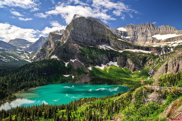 lago, bosque, montañas, Parque Nacional Glacier, Montana, turquesa, árboles, agua, nieve, paisaje, naturaleza, Fondo de pantalla HD