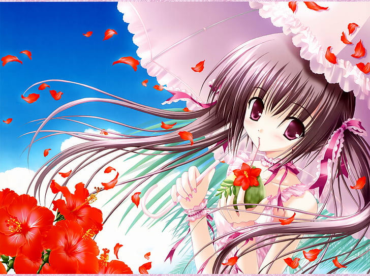 anime, brunettes, eyes, flower, flowers, girls, illustrations, petals, pink, ribbons, tinkle, umbrellas, HD wallpaper
