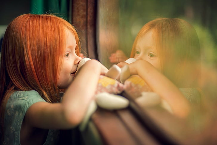 Photography, Child, Girl, Little Girl, Redhead, Reflection, Stuffed Animal, HD wallpaper
