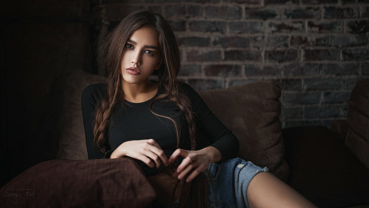 tanned, pigtails, looking at viewer, portrait, long hair, Anastasia Lis, women, jean shorts, Sergey Fat, brown eyes, HD wallpaper
