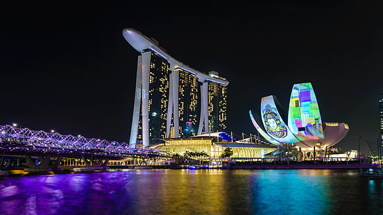Binalar, Marina Bay Sands, Bina, Gece, Singapur, HD masaüstü duvar kağıdı HD wallpaper