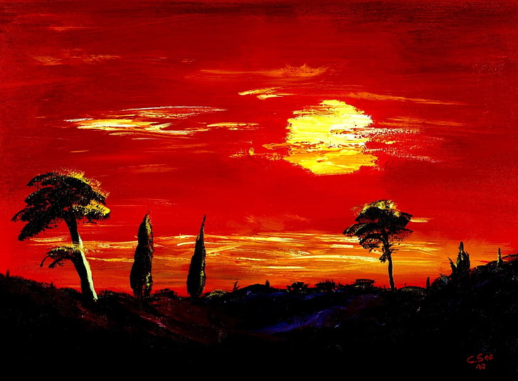 Toscany Oil Painting red night, Artistic, Drawings, HD wallpaper