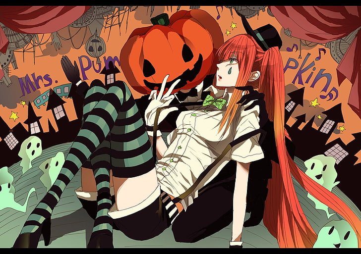 жена с оранжева коса аниме герой, илюстрация на персонаж от женски анимационен филм, Vocaloid, Hatsune Miku, двойни опашки, шах, високи бедра, червенокоси, зелени очи, Хелоуин, тиква, аниме, аниме момичета, HD тапет