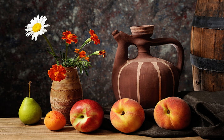 assorted fruits with flowers and container, pear, fruit, apricot, nectarine, HD wallpaper
