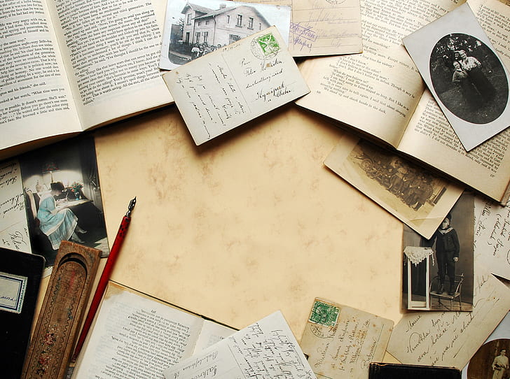 paper, table, book, letters, old photos, cards, HD wallpaper