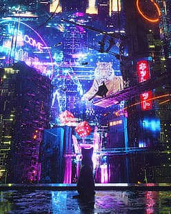 sztuka cyfrowa, cyber miasto, cyberpunk, koty, Tapety HD HD wallpaper