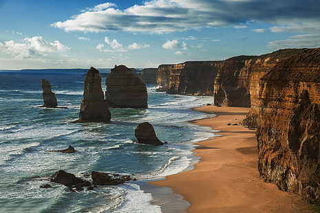 Земята, дванадесетте апостоли, Австралия, плаж, скала, скала, HD тапет HD wallpaper