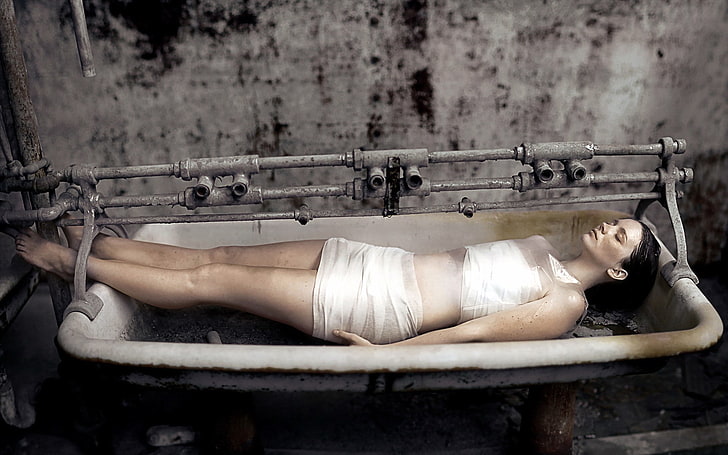wanita, model, reruntuhan, pipa, bak mandi, Wallpaper HD