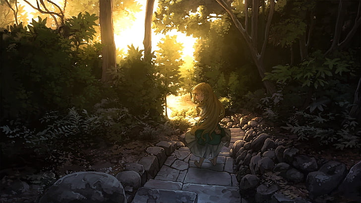 Schwarzweiss-Blumentextil, barfuß, Kleid, Wald, ursprüngliche Charaktere, HD-Hintergrundbild