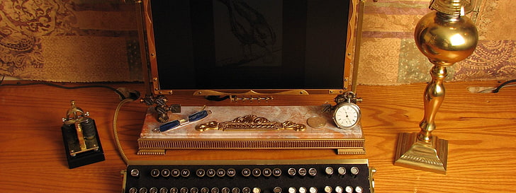 table en bois marron et noir, steampunk, claviers, Fond d'écran HD