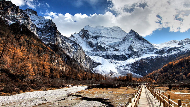 snow-covered mountain, bridge, wood, mountain, peak, landscape, HD wallpaper
