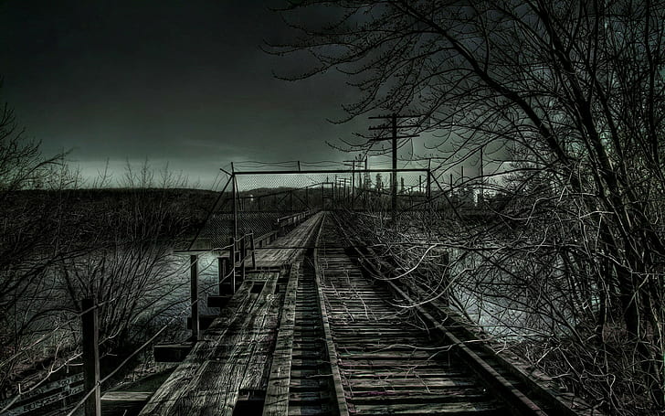 Eisenbahn, Zaun, Stromleitungen, dunkel, HD-Hintergrundbild