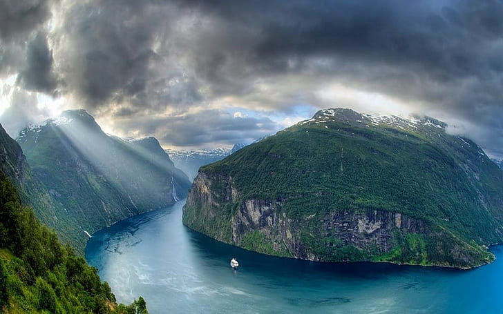 nature landscape geiranger fjord norway sun rays mountain clouds cruise ship cliff snowy peak, HD wallpaper