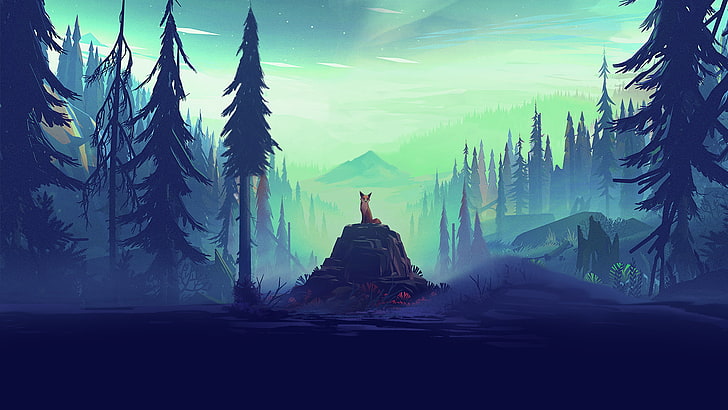 mountain and pine trees graphic, animal on brown stone surrounded by trees illustration, forest, Mikael Gustafsson, landscape, horizon, artwork, pine trees, nature, aurorae, digital art, illustration, fox, mist, cyan, HD wallpaper