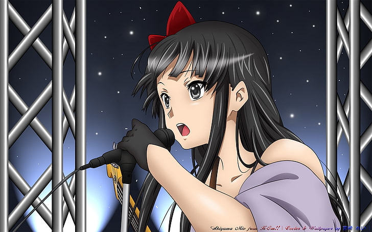 female anime character illustration, k-on, akiyama mio, girl, brunette, microphone, song, HD wallpaper
