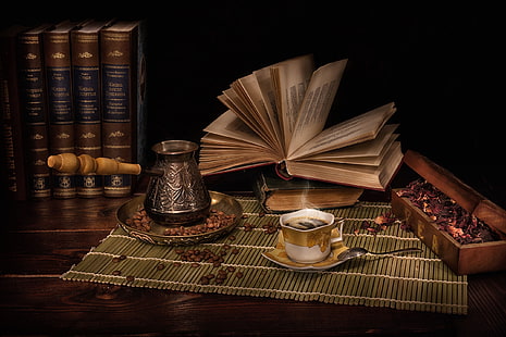 fagioli, libro, caffè, coppa, vita, ancora, Sfondo HD HD wallpaper