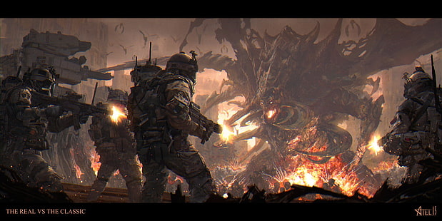 солдат и монстр цифровые обои, произведение искусства, научная фантастика, StarCraft, HD обои HD wallpaper