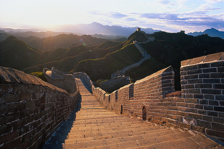 Великая китайская стена, Китай, солнце, свет, пейзаж, горы, холмы, памятник, Китай, Великая китайская стена, HD обои