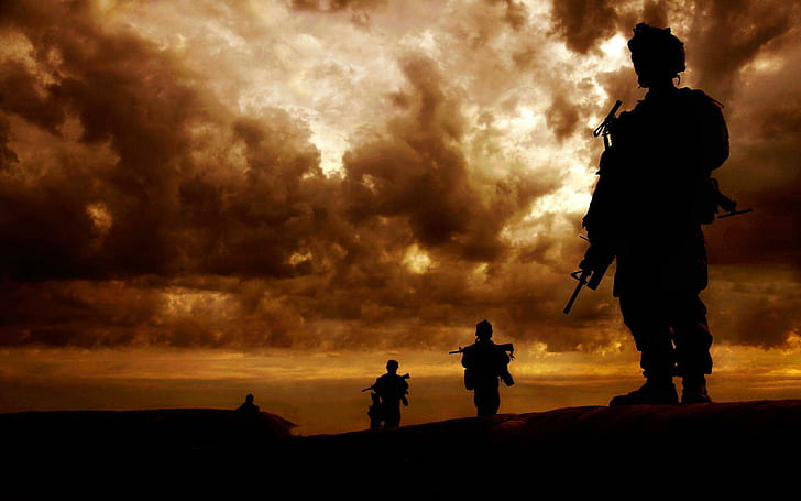 Soldat silhuetter, silhuett av armén under solnedgången, fotografi, 1920x1200, siluett, soldat, HD tapet