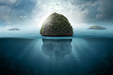 arte digital, manipulación de fotos, isla, cráneo, submarino, mar, nubes, Fondo de pantalla HD HD wallpaper