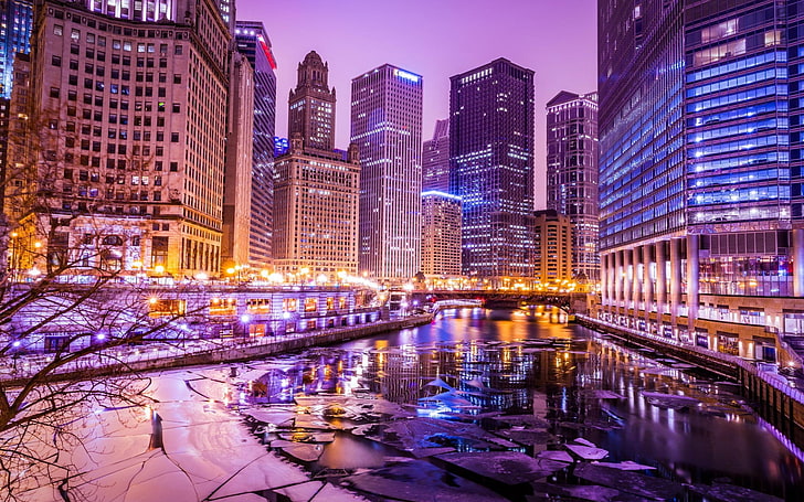high rise buildings, cityscape, building, HDR, river, ice, lights, Chicago, HD wallpaper