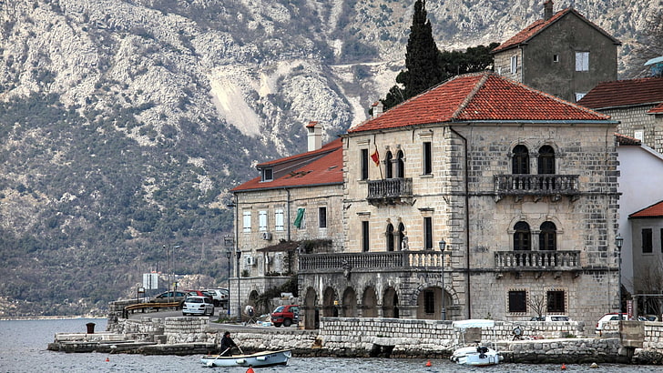 montenegro, water, perast, building, mountain, kotor, town, lake, bay, house, HD wallpaper