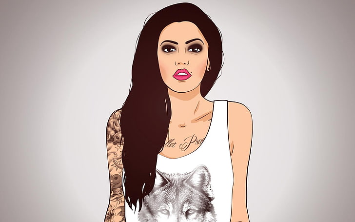 woman in white tank top painting, tattoo, shirt, wolf, lips, HD wallpaper