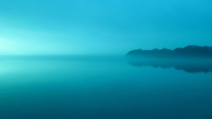 blue, sea, horizon, calm, sky, aqua, turquoise, bluish, water, azure, misty, fog, morning, reflected, reflection, HD wallpaper
