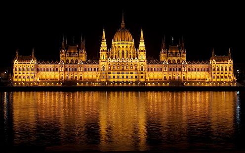 黒と茶色の建物の絵画、建物、ブダペスト、ハンガリー、ハンガリー国会議事堂、建築、水、川、夜、ライト、 HDデスクトップの壁紙 HD wallpaper