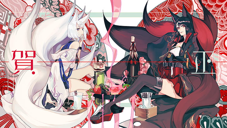anime girls, anime, fox girl, Akagi (Azur Lane), Kaga (Azur Lane), HD wallpaper
