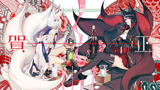 аниме момичета, аниме, момиче лисица, Akagi (Azur Lane), Kaga (Azur Lane), HD тапет HD wallpaper