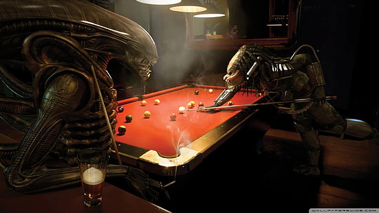 Carta da parati aliena, alieni, 3D, Predatore (film), tavolo da biliardo, Alieno contro Predatore, bar, biliardo, palle da biliardo, birra, predatore (creatura), Xenomorfo, Sfondo HD HD wallpaper
