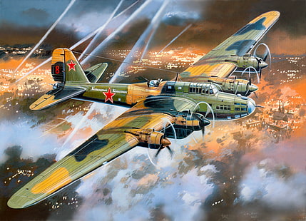 green and orange plane illustration, the plane, speed, art, giant, USSR, bomber, action, BBC, WWII, OKB, heavy, Soviet, the scope, WW2., far, four-engine, PE-8, length, to 405км-h, A. N. Tupolev, 23m, developed, 39m, V. M. Petlyakov, wings, HD wallpaper HD wallpaper