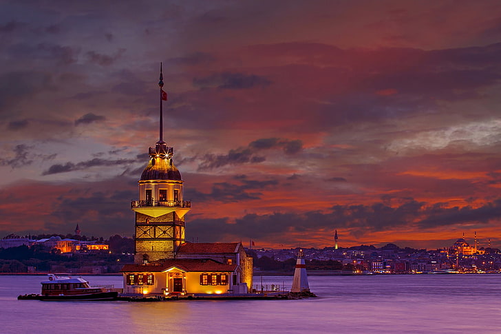الشفق ، الغروب ، الغسق ، اسطنبول ، تركيا ، مناظر المدينة ، برج العذراء ، البوسفور ، برج العذراء ، آيا صوفيا ، برج ليندر، خلفية HD