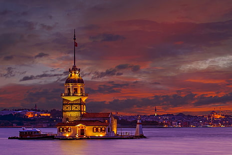 crepúsculo, pôr do sol, crepúsculo, Istambul, Turquia, paisagem urbana, Torre da donzela, Bósforo, A torre da donzela, Hagia Sophia, Torre de Leander's, HD papel de parede HD wallpaper