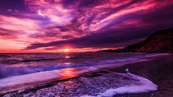 cielo viola, nuvole viola, riva, spiaggia, tramonto, cielo, natura, orizzonte, mare, bagliore, oceano, onda, Sfondo HD HD wallpaper