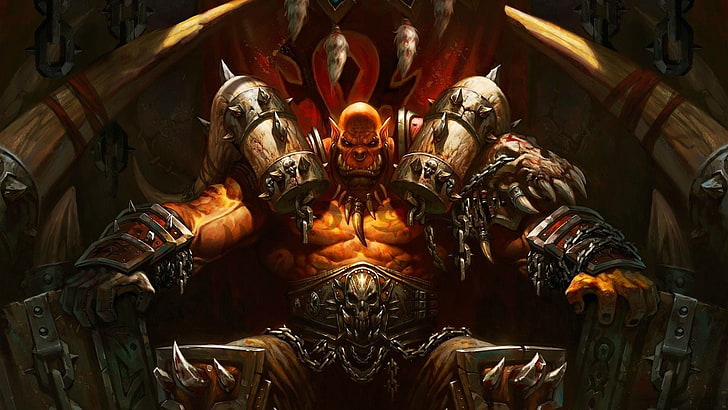 воин сидит на троне цифровые обои, World of Warcraft, Гаррош Адский Крик, Hearthstone: Heroes of Warcraft, видеоигры, фэнтези-арт, HD обои