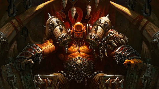 wojownik siedzący na tronie cyfrowa tapeta, World of Warcraft, Garrosh Hellscream, Hearthstone: Heroes of Warcraft, gry wideo, fantasy art, Tapety HD HD wallpaper