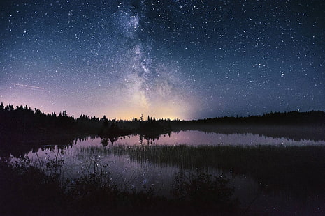 звездна нощ, природа, пейзаж, фотография, Млечен път, звездна нощ, езеро, отражение, HD тапет HD wallpaper